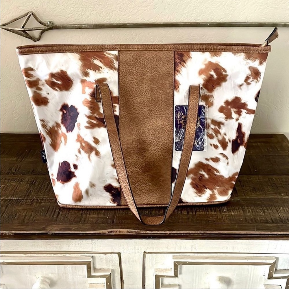 Cowhide Print Brown Leather-Trim Tote Bag